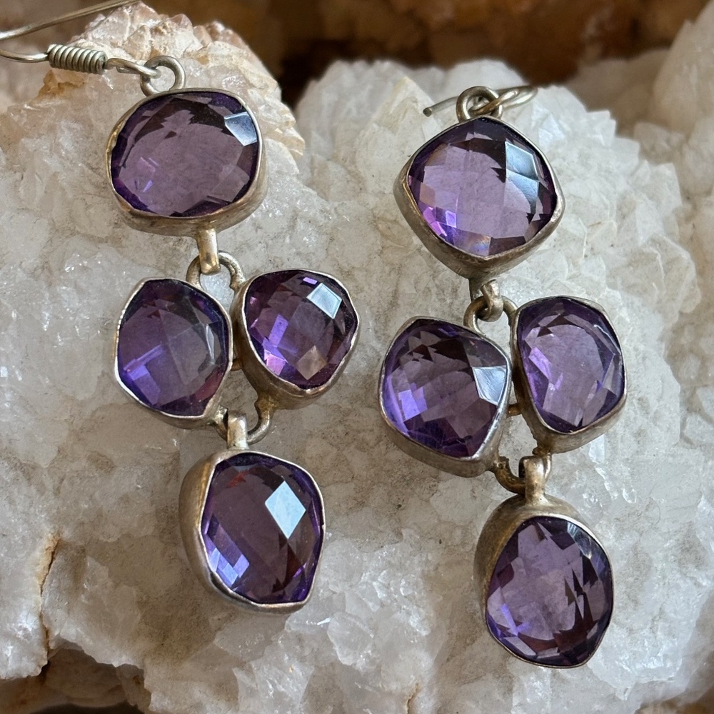 Stunning Statement Amethyst & Silver Dangle Earrings - NWOT